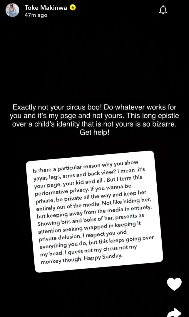Toke Makinwa replies Netizen who accused her of displaying ??performative privacy? by only showing off her daughter?s body parts on social media except her face